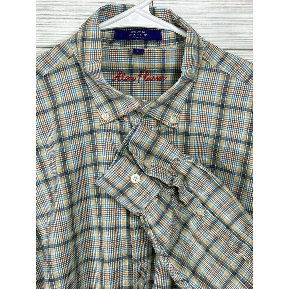 Alan Flusser Men's Beige/ Blue Plaid Button-Down Long‎ Slv. Pocket Shirt Lg.